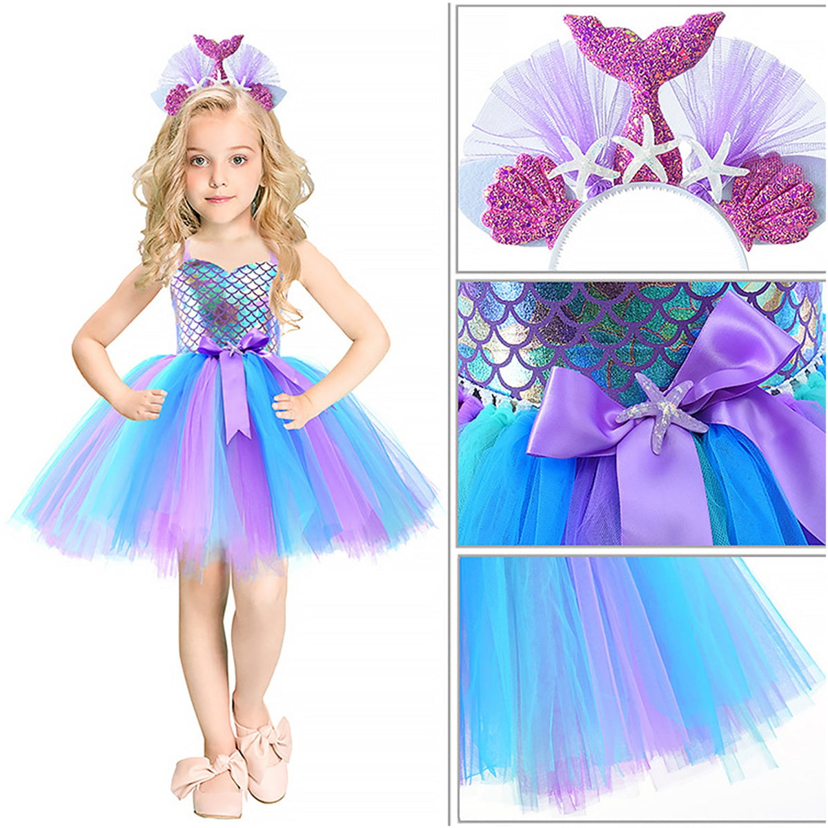 KAWELL Mermaid Tutu Dress Birthday Party Halloween Princess Costume with Headband (Purple)