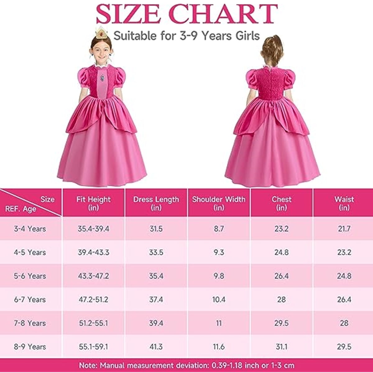 KAWELL Princess Rose Pink Costume for Girls Halloween Cosplay Dress Up 7-8 Years