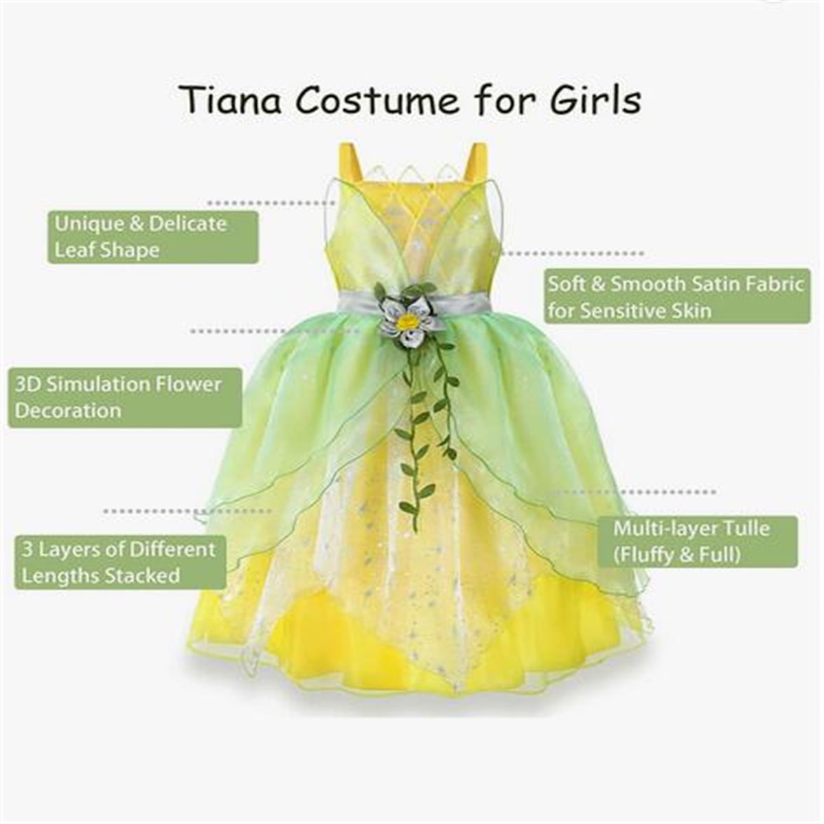 KAWELL Deluxe Princess Tiana Costumes Dress Up Fancy Gown Cosplay Halloween Party