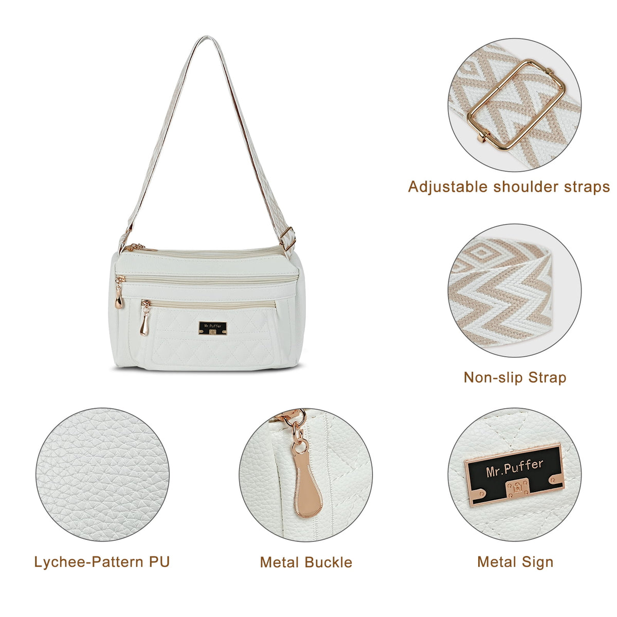 URSOFINE Quilted PU Leather Crossbody Bag for Women - Multi-Pocket Shoulder Bag with Adjustable Geometric Strap