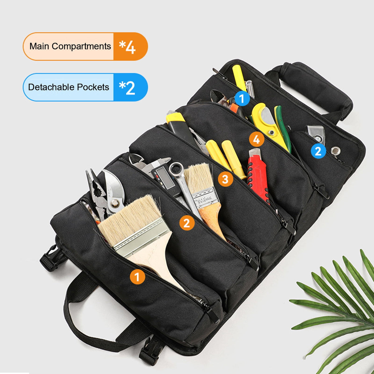 URSOFINE Rolling Tool Bag, Heavy-Duty Oxford Cloth Tool Roll Organizer with 6 Pockets, Detachable Pouches & Water-Resistant Design for Electricians, Carpenters & Maintenance Workers