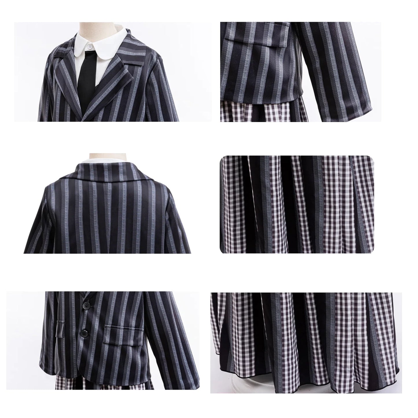 KAWELL Black Costume for Girls, Academy Uniform Outfits Cosplay with Black Wig, Pleated Skirt Girl's Stripes Suits Sets for Halloween