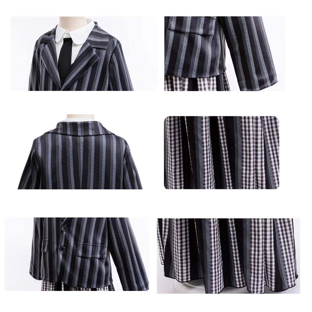 KAWELL Black Costume for Girls, Academy Uniform Outfits Cosplay with Black Wig, Pleated Skirt Girl's Stripes Suits Sets for Halloween