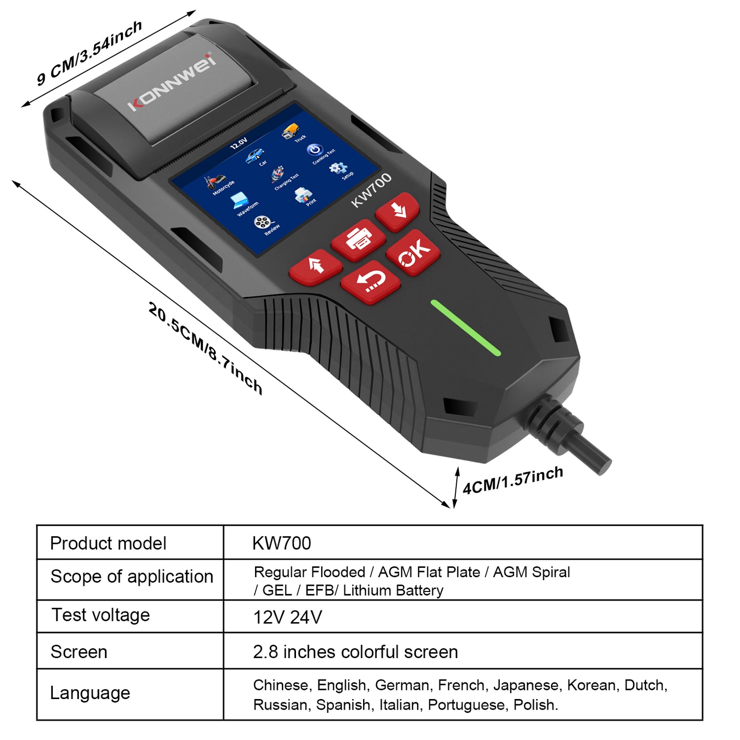 KONNWEI KW700 Battery Tester with Thermal Printer | 6V 12V 24V All-in-One Diagnostic Tool