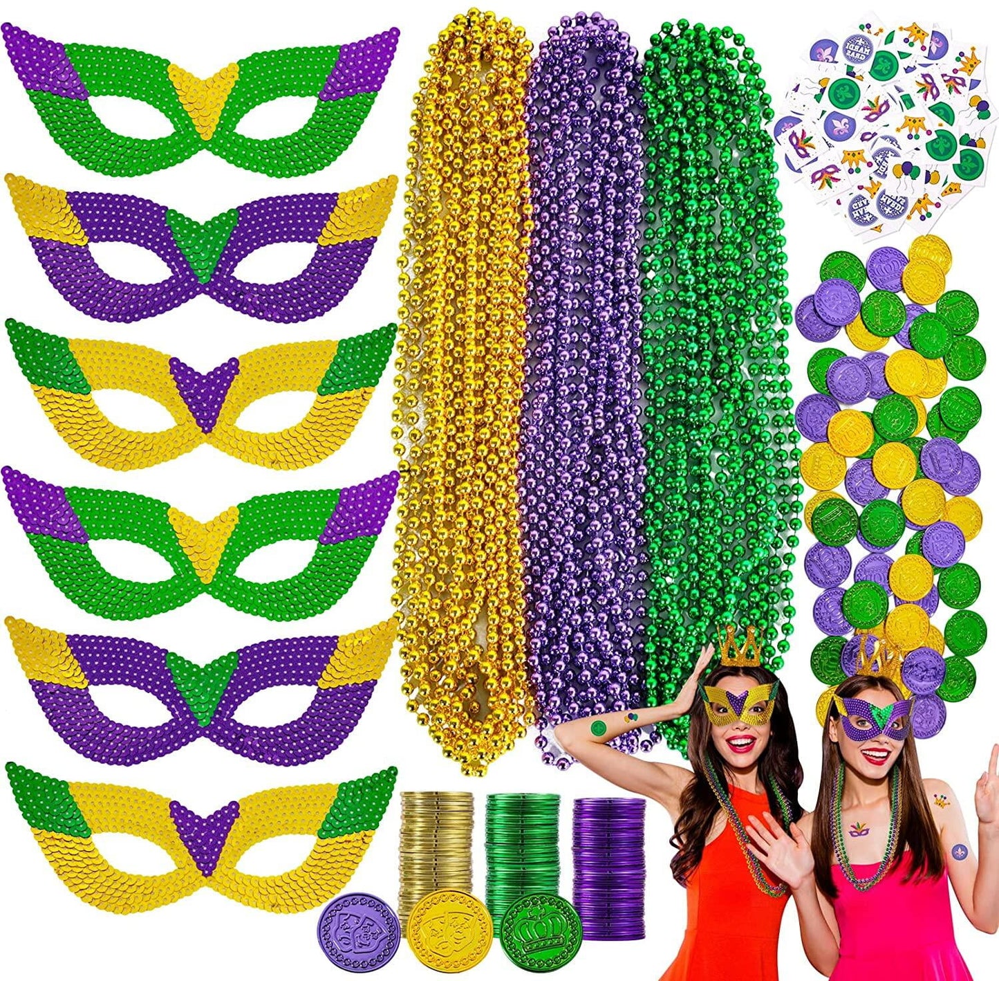 Mardi Gras Beads Necklaces Mask Coins Party Favors Set, 124pcs Mardi Gras Accessories Decorations Bulk for Kids Women Men Parades Carnival Games Toy Masquerade Party Decor Supplies