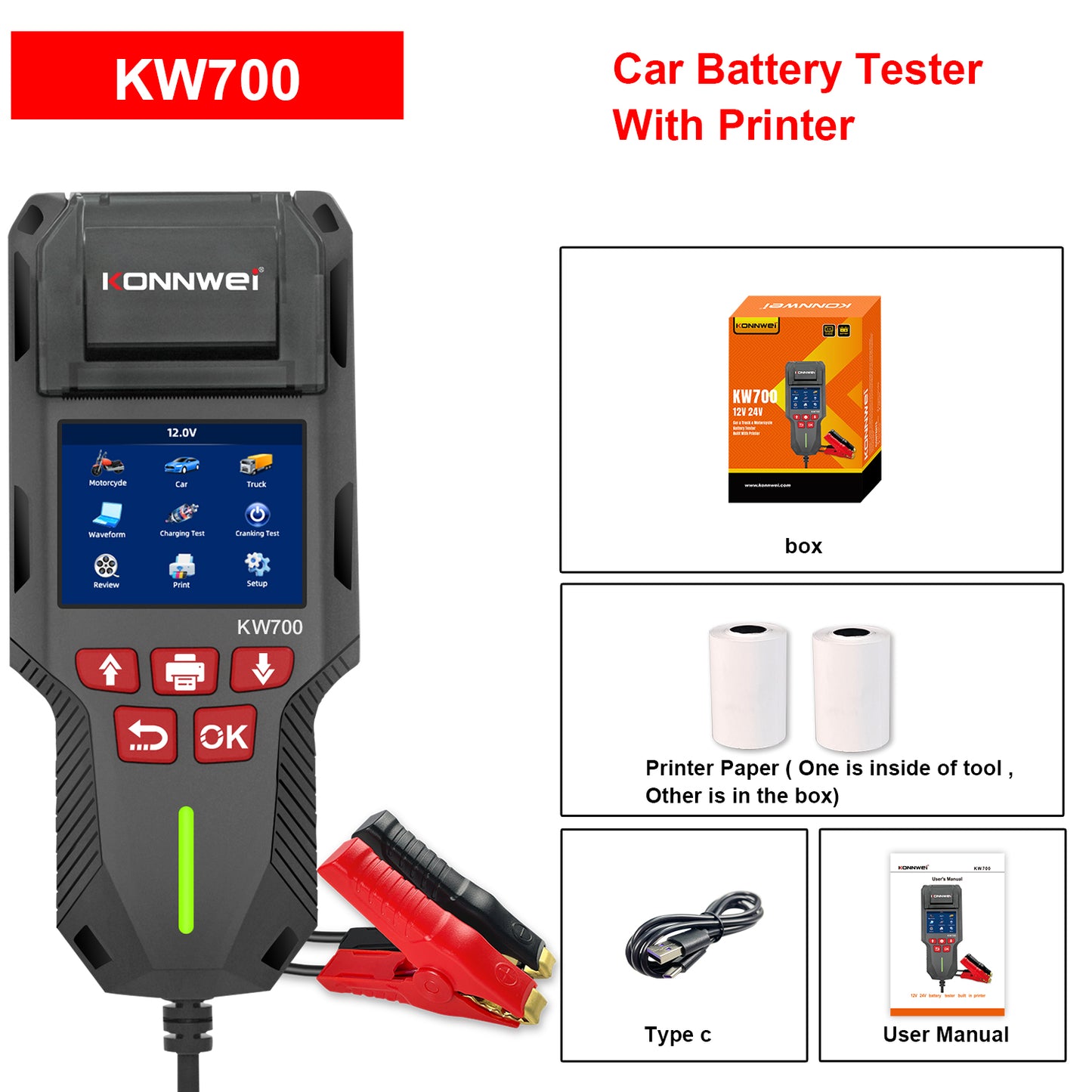 KONNWEI KW700 Battery Tester with Thermal Printer | 6V 12V 24V All-in-One Diagnostic Tool