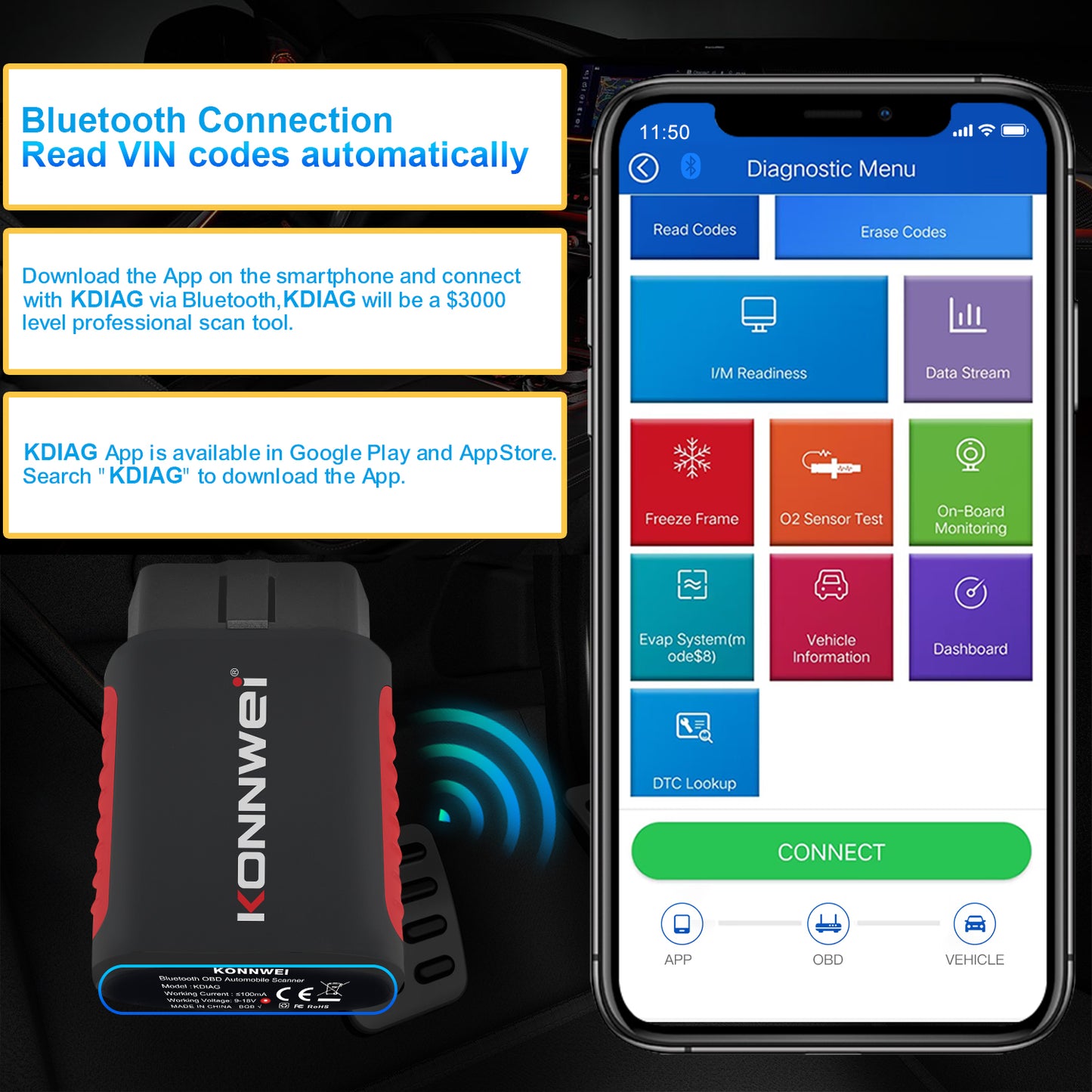 KONNWEI KDIAG Bluetooth 5.0 Full System OBD2 Scanner | 31+ Reset Functions | iOS & Android