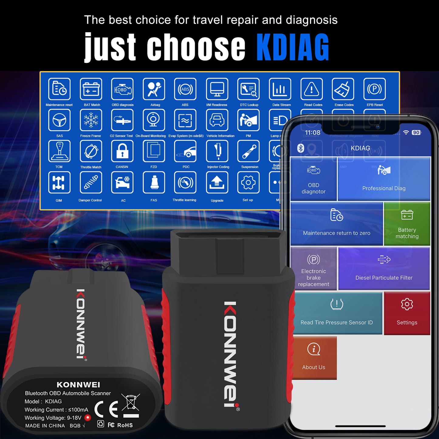 KONNWEI KDIAG Bluetooth 5.0 Full System OBD2 Scanner | 31+ Reset Functions | iOS & Android