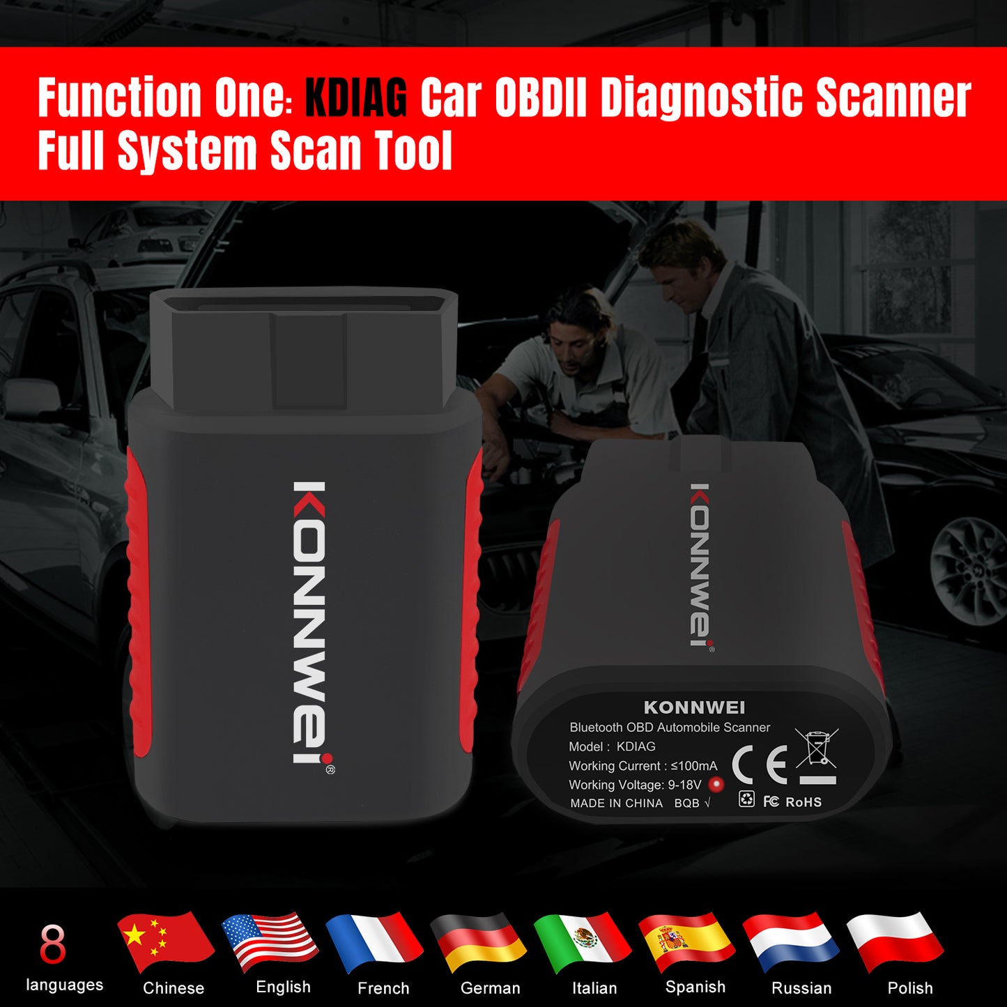 KONNWEI KDIAG Bluetooth 5.0 Full System OBD2 Scanner | 31+ Reset Functions | iOS & Android
