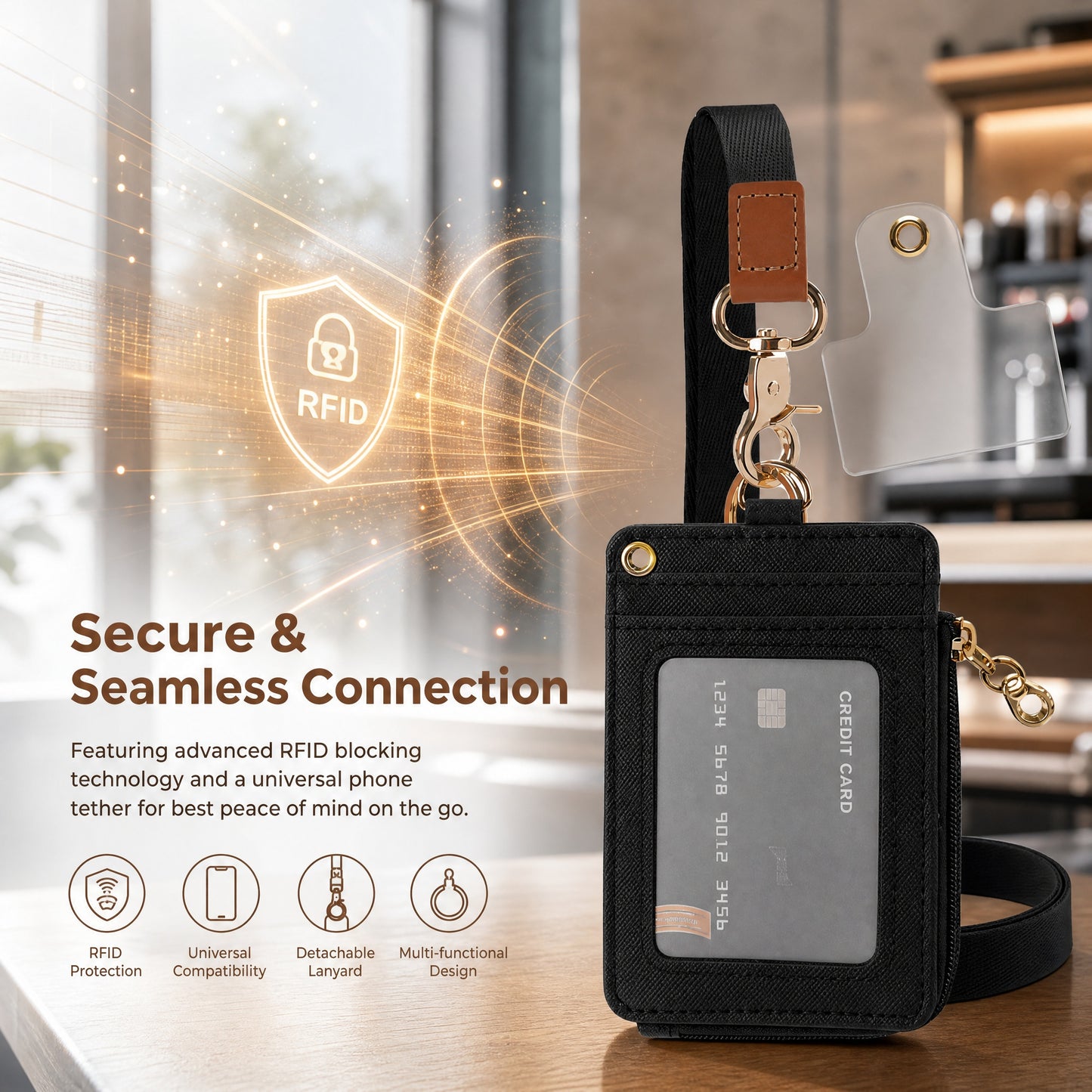Leather Lanyard Card Holder with Zipper – ID Badge Cover, Access Control Card Case, Anti-Lost Keychain Wallet
