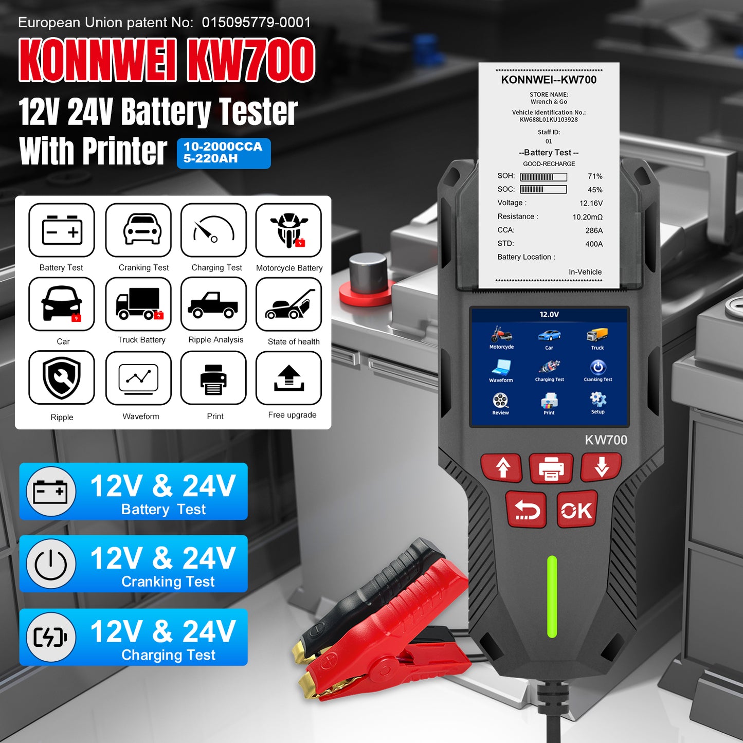 KONNWEI KW700 Battery Tester with Thermal Printer | 6V 12V 24V All-in-One Diagnostic Tool