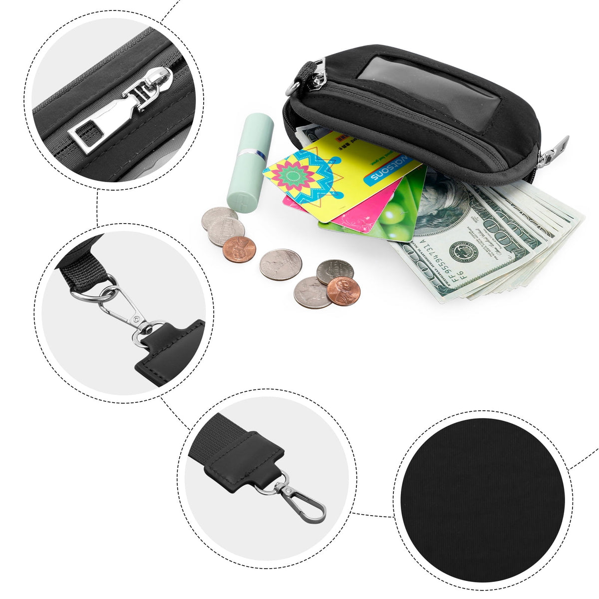 URSOFINE Small Nylon Wristlet Wallet for Women – Zip-Around Mini Coin Purse with Clear ID Window & Detachable Strap, Lightweight Card Holder for Travel, Gym & Everyday Use （Black）
