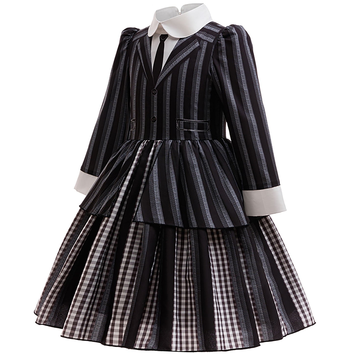 KAWELL Black Costume for Girls, Academy Uniform Outfits Cosplay with Black Wig, Pleated Skirt Girl's Stripes Suits Sets for Halloween