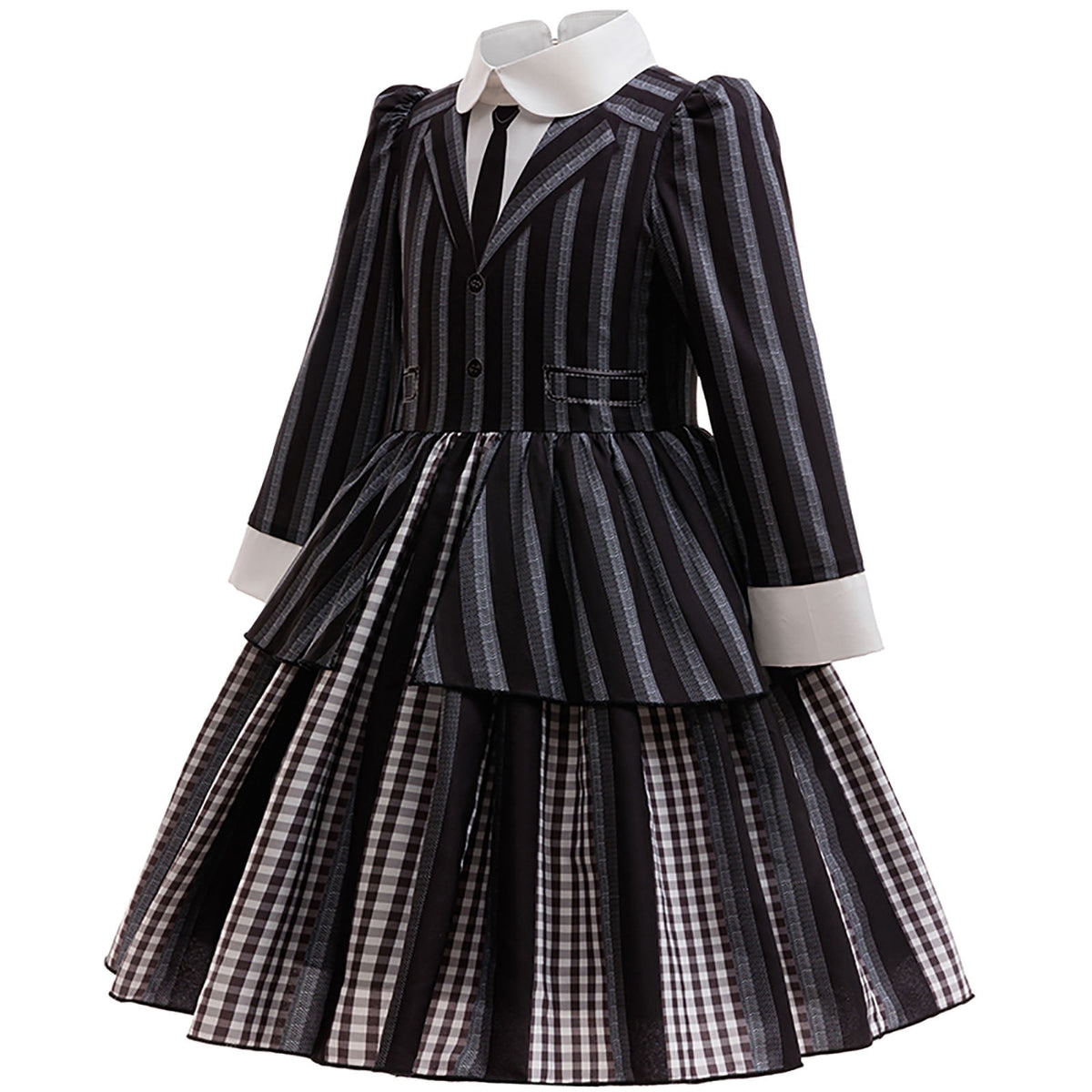 KAWELL Black Costume for Girls, Academy Uniform Outfits Cosplay with Black Wig, Pleated Skirt Girl's Stripes Suits Sets for Halloween