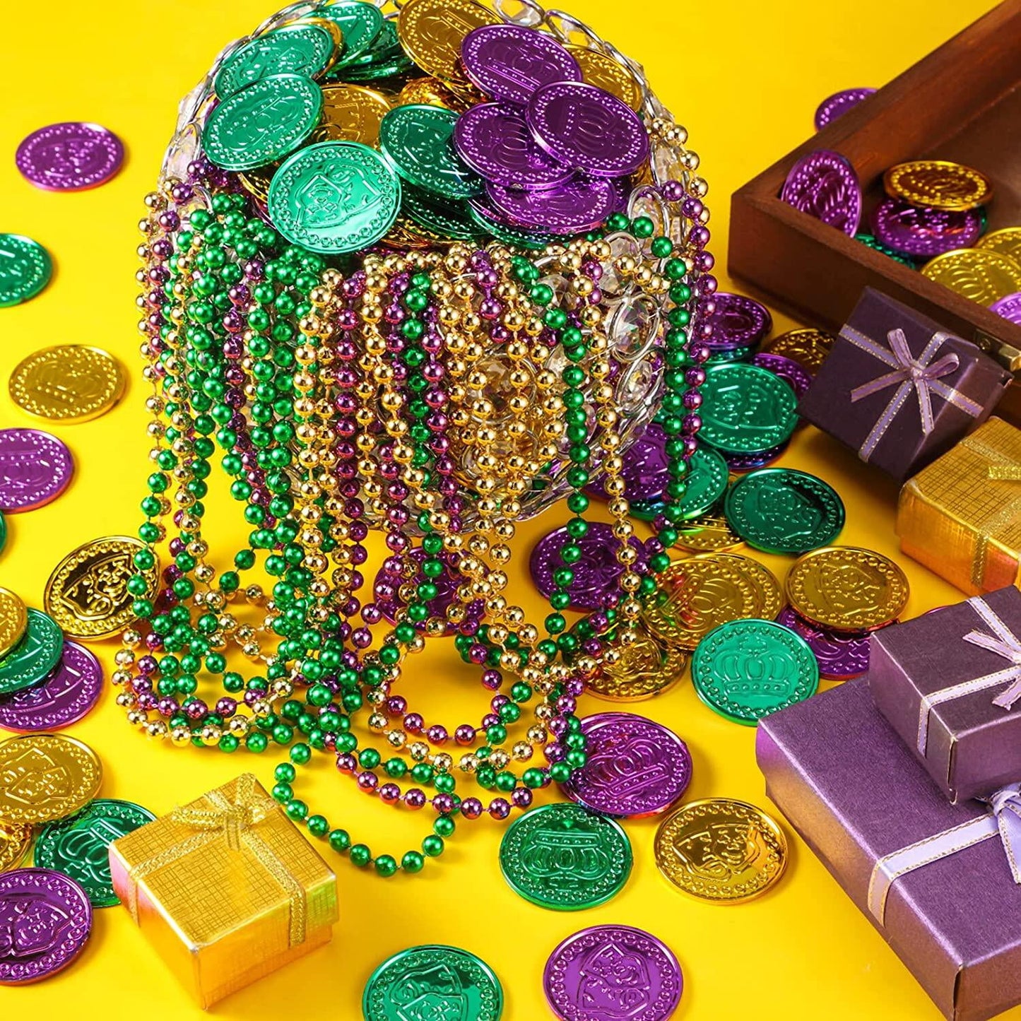 Mardi Gras Beads Necklaces Mask Coins Party Favors Set, 124pcs Mardi Gras Accessories Decorations Bulk for Kids Women Men Parades Carnival Games Toy Masquerade Party Decor Supplies