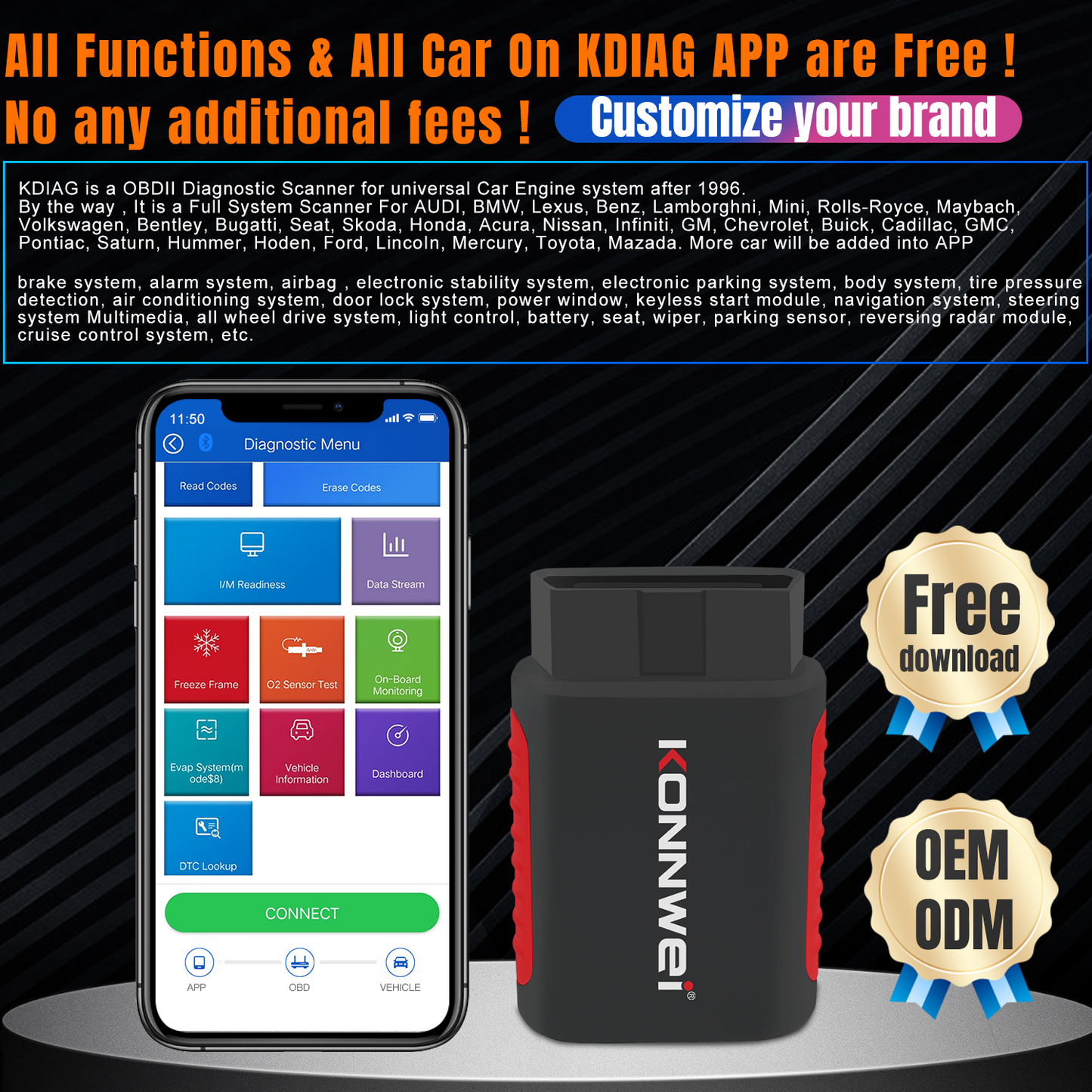 KONNWEI KDIAG Bluetooth 5.0 Full System OBD2 Scanner | 31+ Reset Functions | iOS & Android