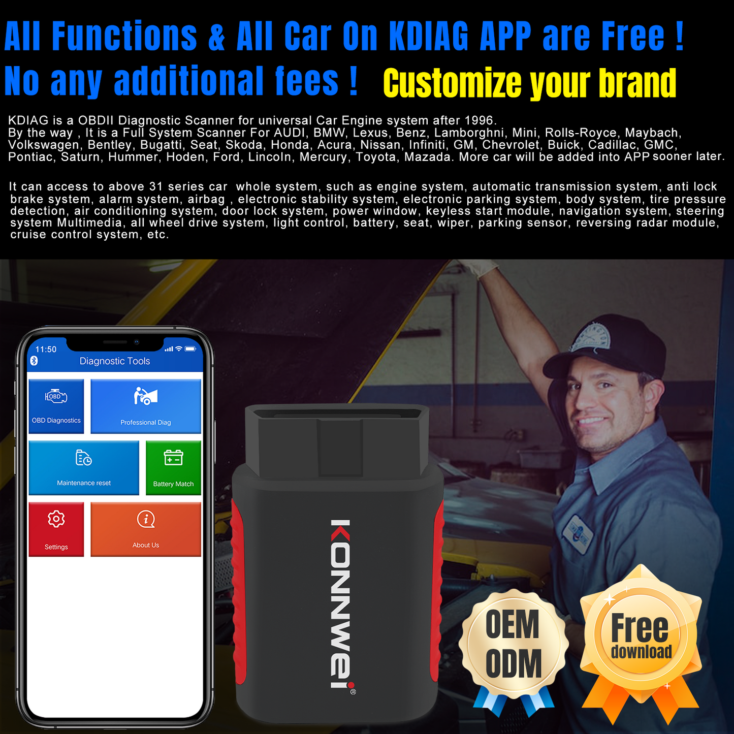 KONNWEI KDIAG Bluetooth 5.0 Full System OBD2 Scanner | 31+ Reset Functions | iOS & Android