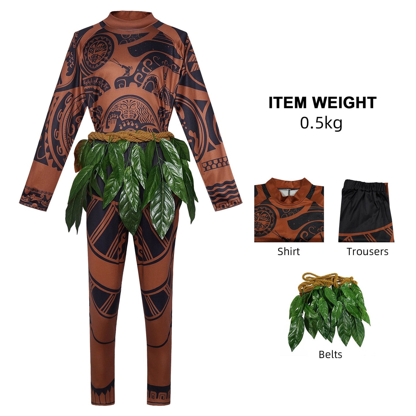 URSOFINE Island Warrior Costume for Men, Hawaiian Tattoo Costumes with Leaf Belt Black Wigs for Halloween, Ocean Theme Party Dress Up
