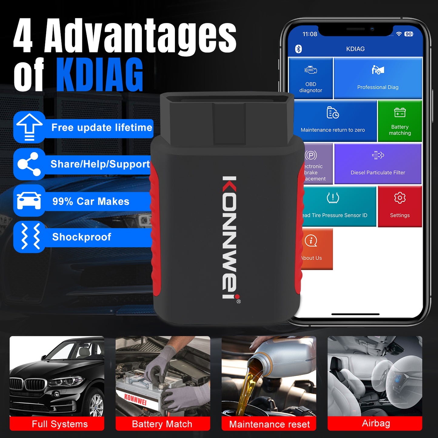 KONNWEI KDIAG Bluetooth 5.0 Full System OBD2 Scanner | 31+ Reset Functions | iOS & Android