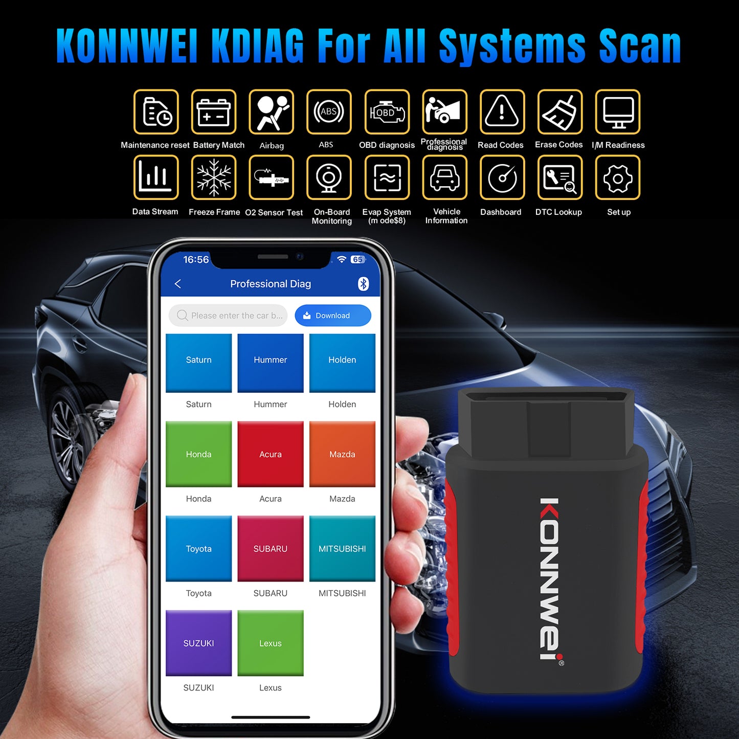 KONNWEI KDIAG Bluetooth 5.0 Full System OBD2 Scanner | 31+ Reset Functions | iOS & Android