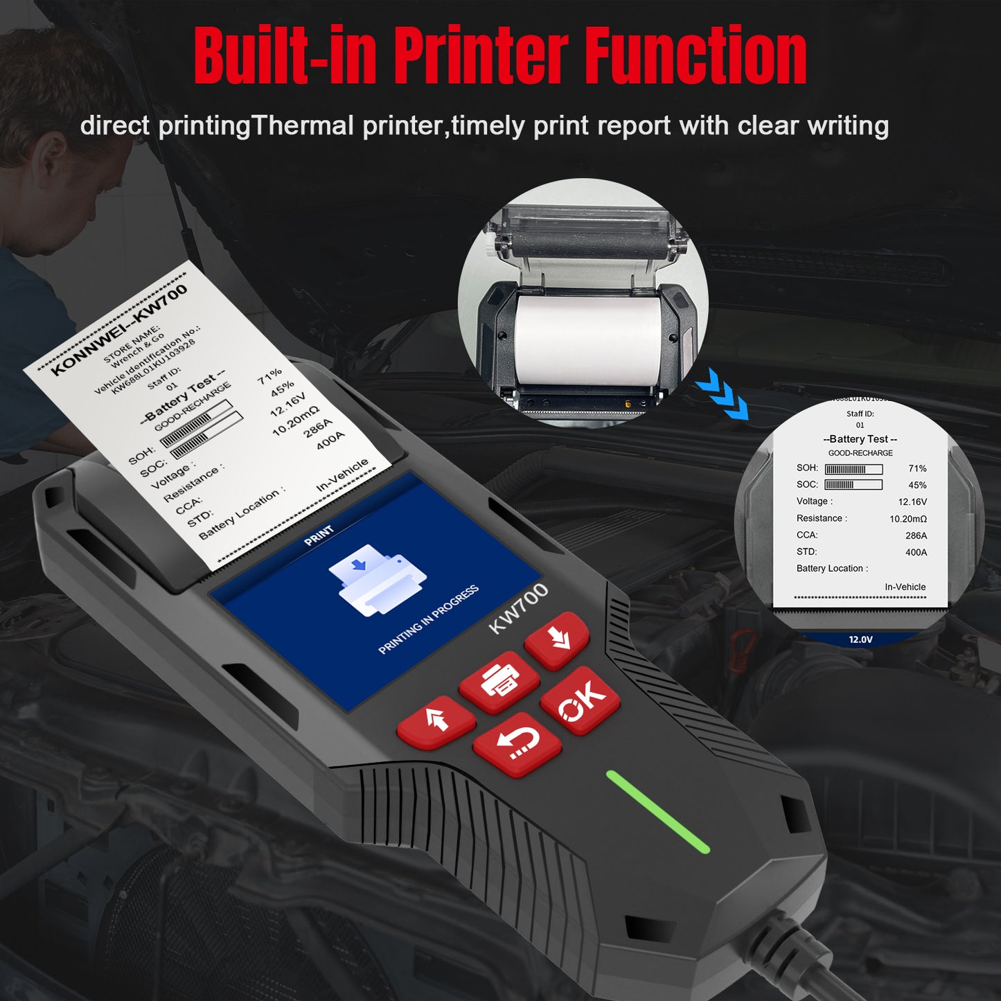 KONNWEI KW700 Battery Tester with Thermal Printer | 6V 12V 24V All-in-One Diagnostic Tool