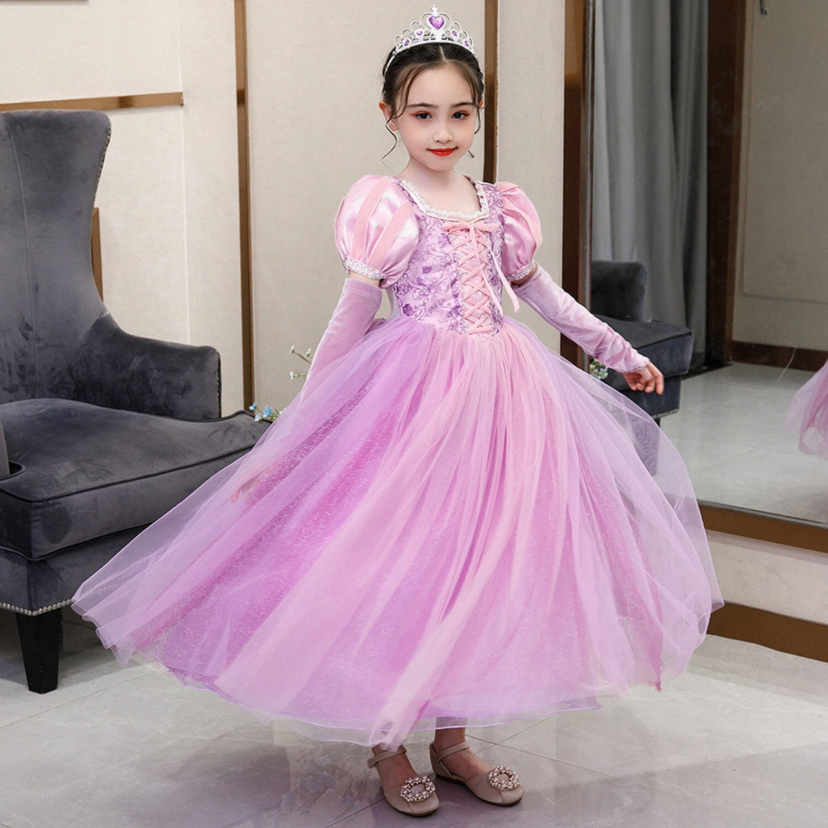 KAWELL Girls' Purple Princess Sofia Costume Halloween Masquerade Ball Dress with Sleeves