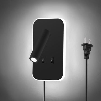 Kawell 2 in 1 8W Modern LED Wall Sconces Indoor LED Wall Light with Switch 350° Swivel 3W LED Reading Wall Spotlight LED Wall Lamp for Bedroom Bedside Living Room Study Room, Black 6000K