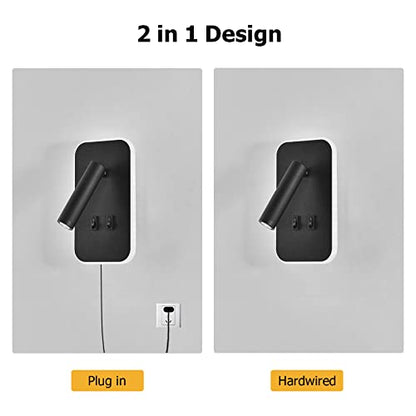 Kawell 2 in 1 8W Modern LED Wall Sconces Indoor LED Wall Light with Switch 350° Swivel 3W LED Reading Wall Spotlight LED Wall Lamp for Bedroom Bedside Living Room Study Room, Black 6000K