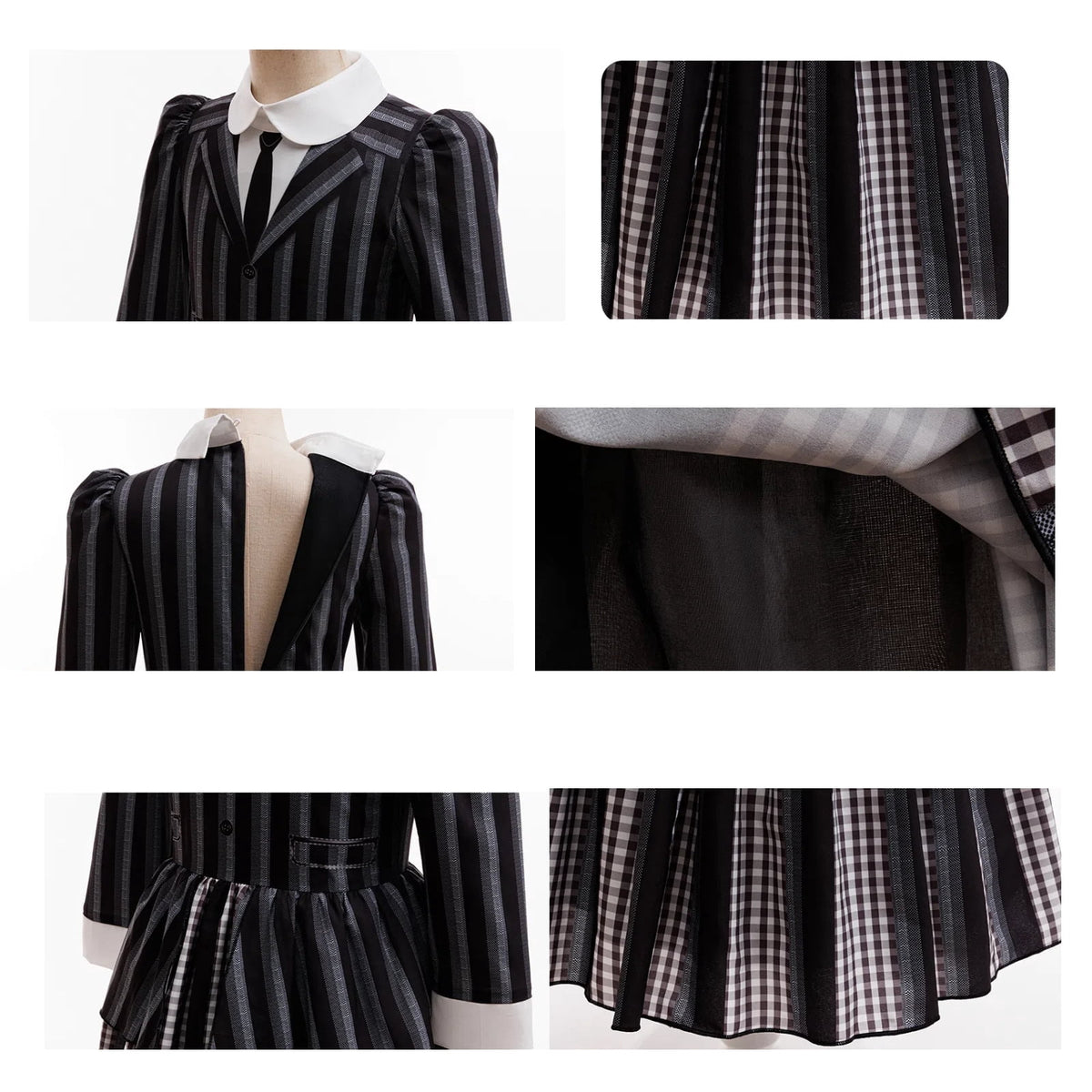 KAWELL Black Costume for Girls, Academy Uniform Outfits Cosplay with Black Wig, Pleated Skirt Girl's Stripes Suits Sets for Halloween