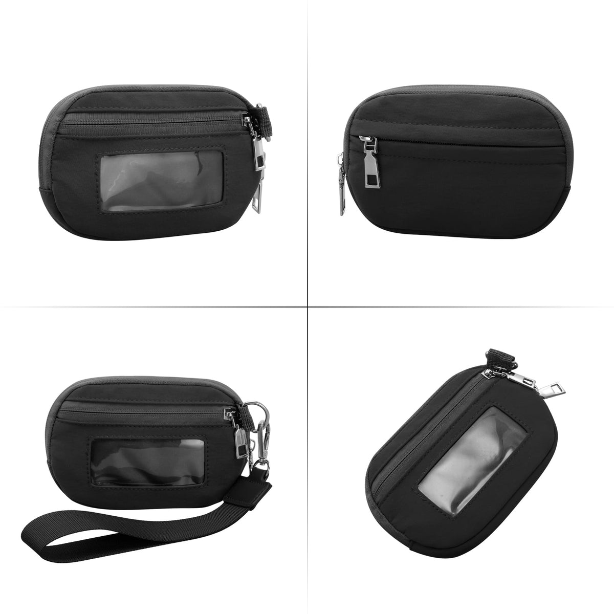 URSOFINE Small Nylon Wristlet Wallet for Women – Zip-Around Mini Coin Purse with Clear ID Window & Detachable Strap, Lightweight Card Holder for Travel, Gym & Everyday Use （Black）