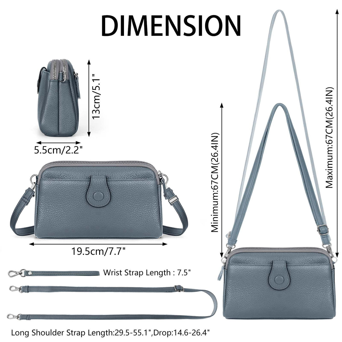 KAWELL Genuine Leather Wristlet Clutch Wallet Purses Small Crossbody Bags Shoulder Handbag for Women, Silver Zipper