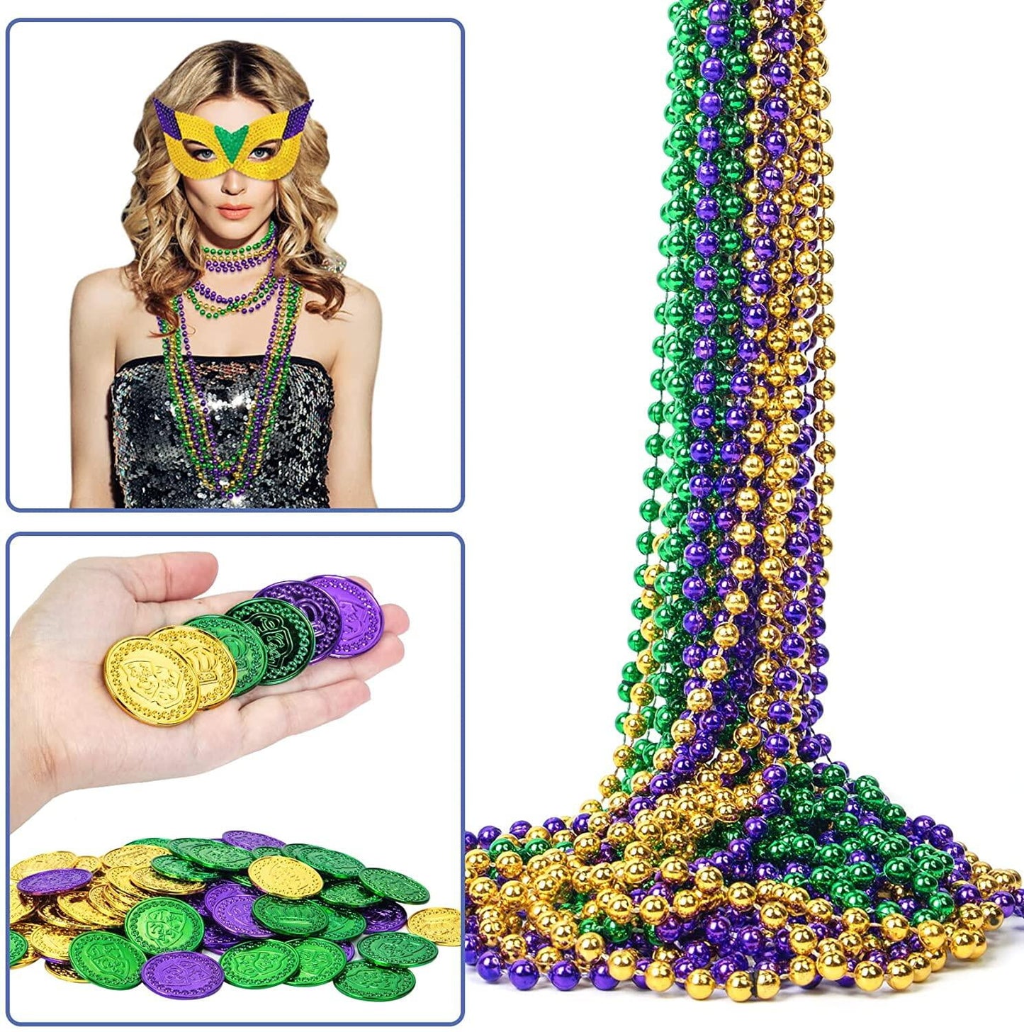 Mardi Gras Beads Necklaces Mask Coins Party Favors Set, 124pcs Mardi Gras Accessories Decorations Bulk for Kids Women Men Parades Carnival Games Toy Masquerade Party Decor Supplies