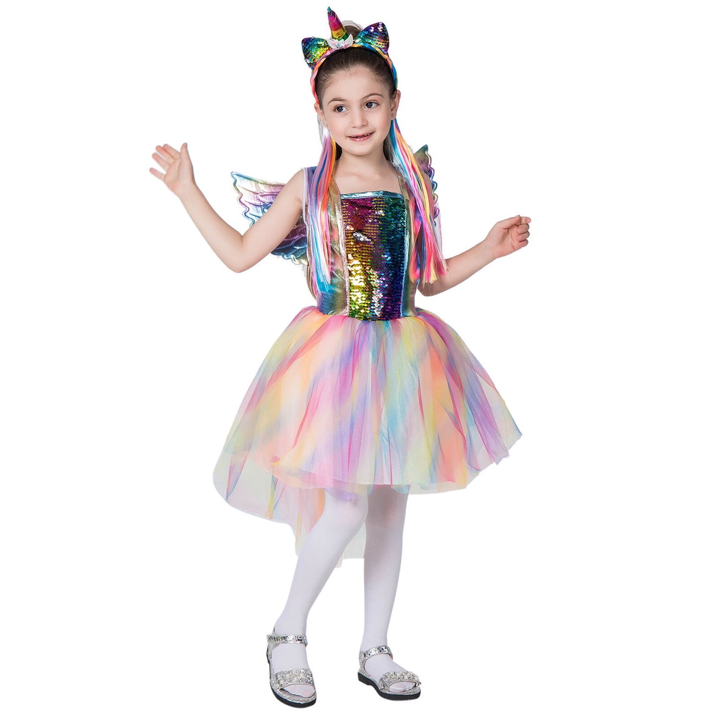 Girls Unicorn Costume Rainbow Dress with Wing Headband for Little Girls