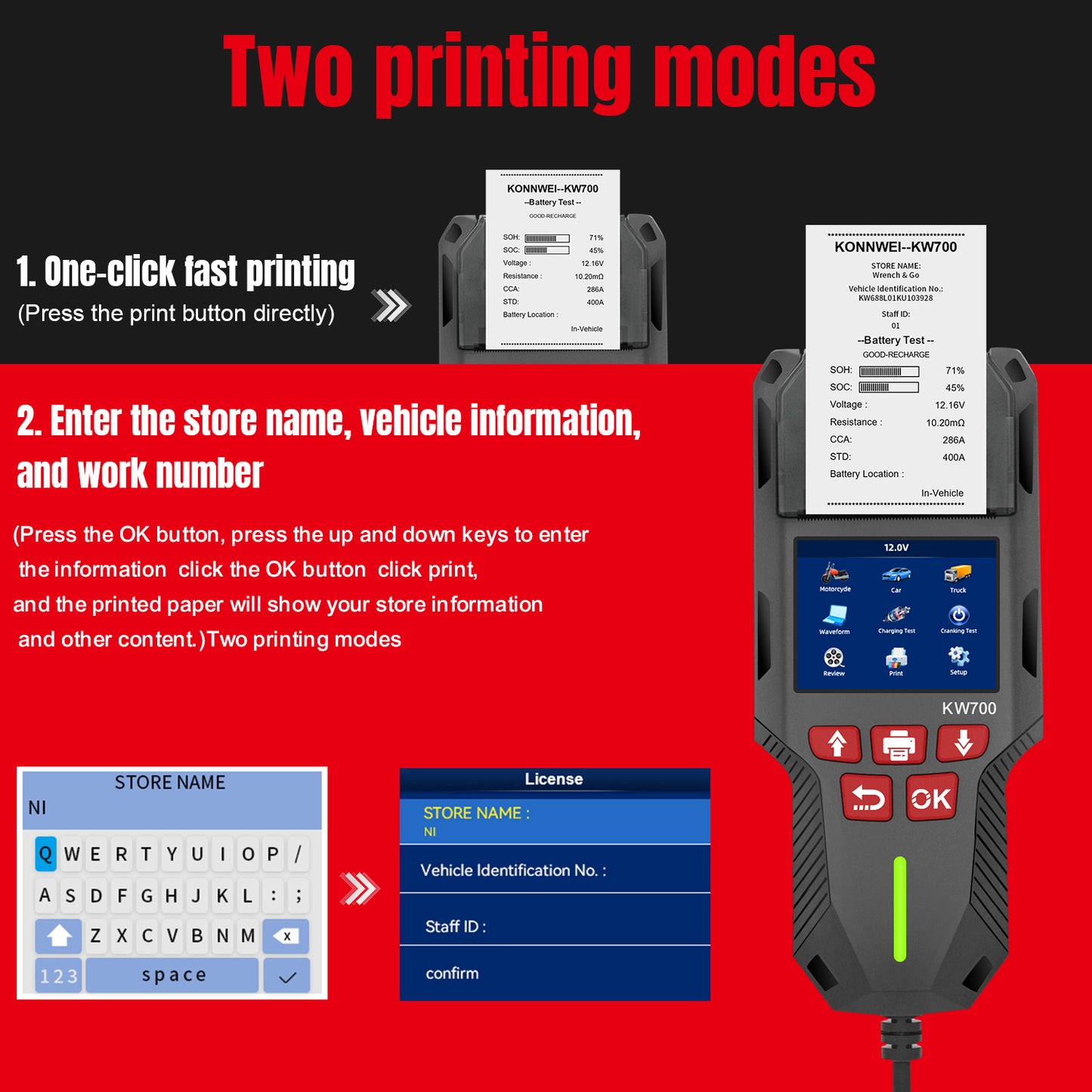 KONNWEI KW700 Battery Tester with Thermal Printer | 6V 12V 24V All-in-One Diagnostic Tool