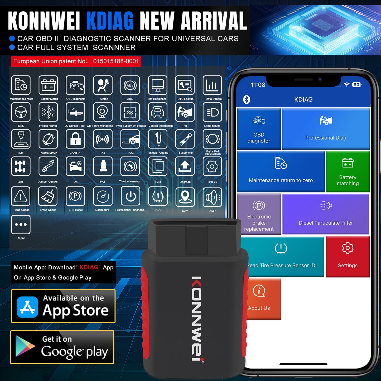 KONNWEI KDIAG Bluetooth 5.0 Full System OBD2 Scanner | 31+ Reset Functions | iOS & Android