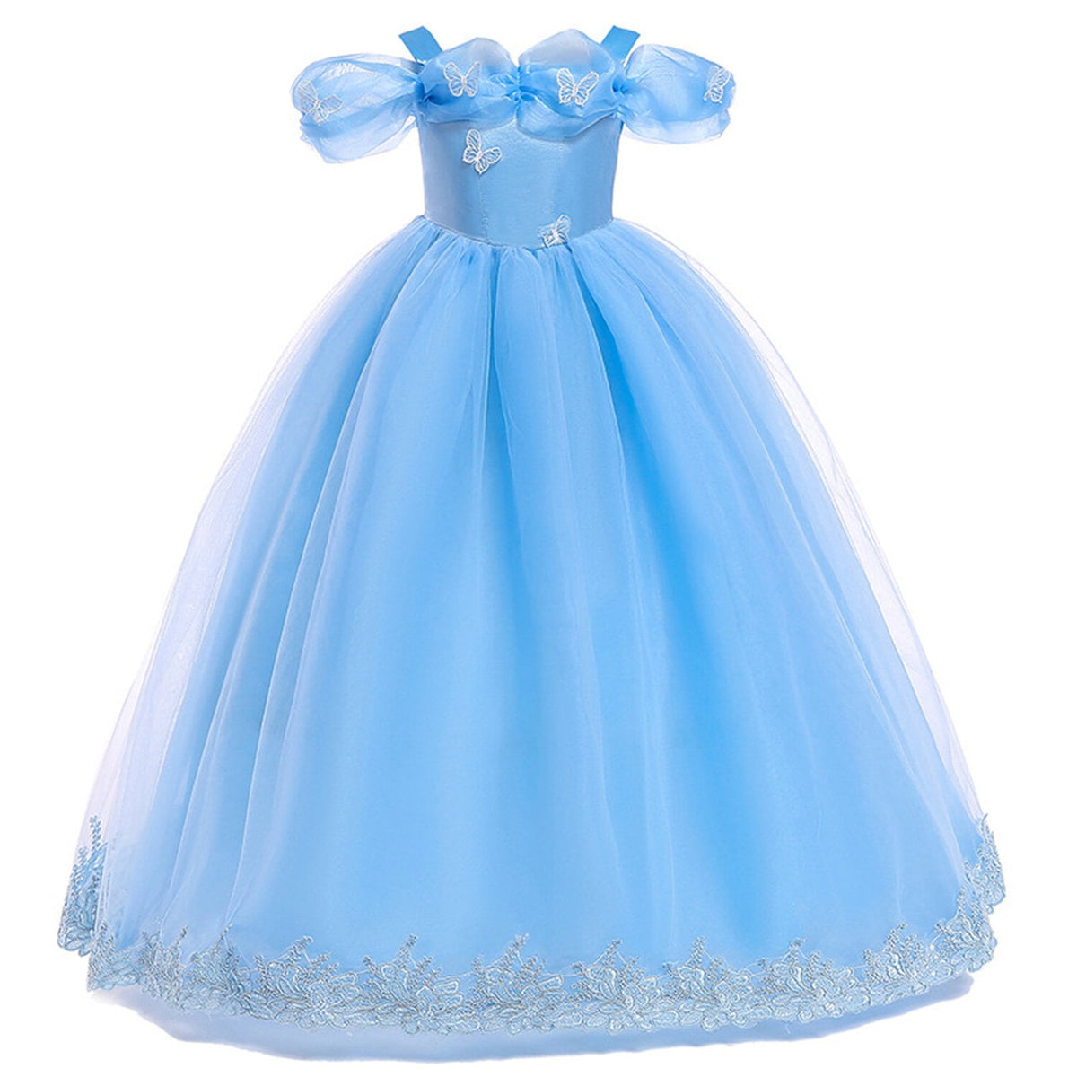 KAWELL Blue Princess Costume Girls Halloween Party Fancy Butterfly Dress with Classic Off Shoulder for Kids, Girls 7-8 Years