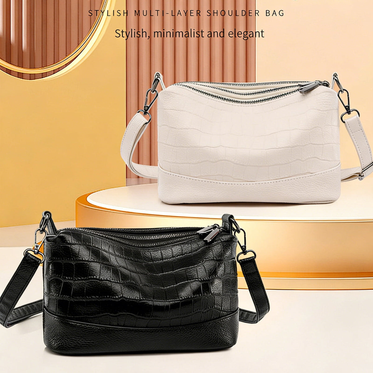 URSOFINE Women Crocodile Embossed Crossbody Bag Multi-Pocket Leather Shoulder Purse with Adjustable Strap