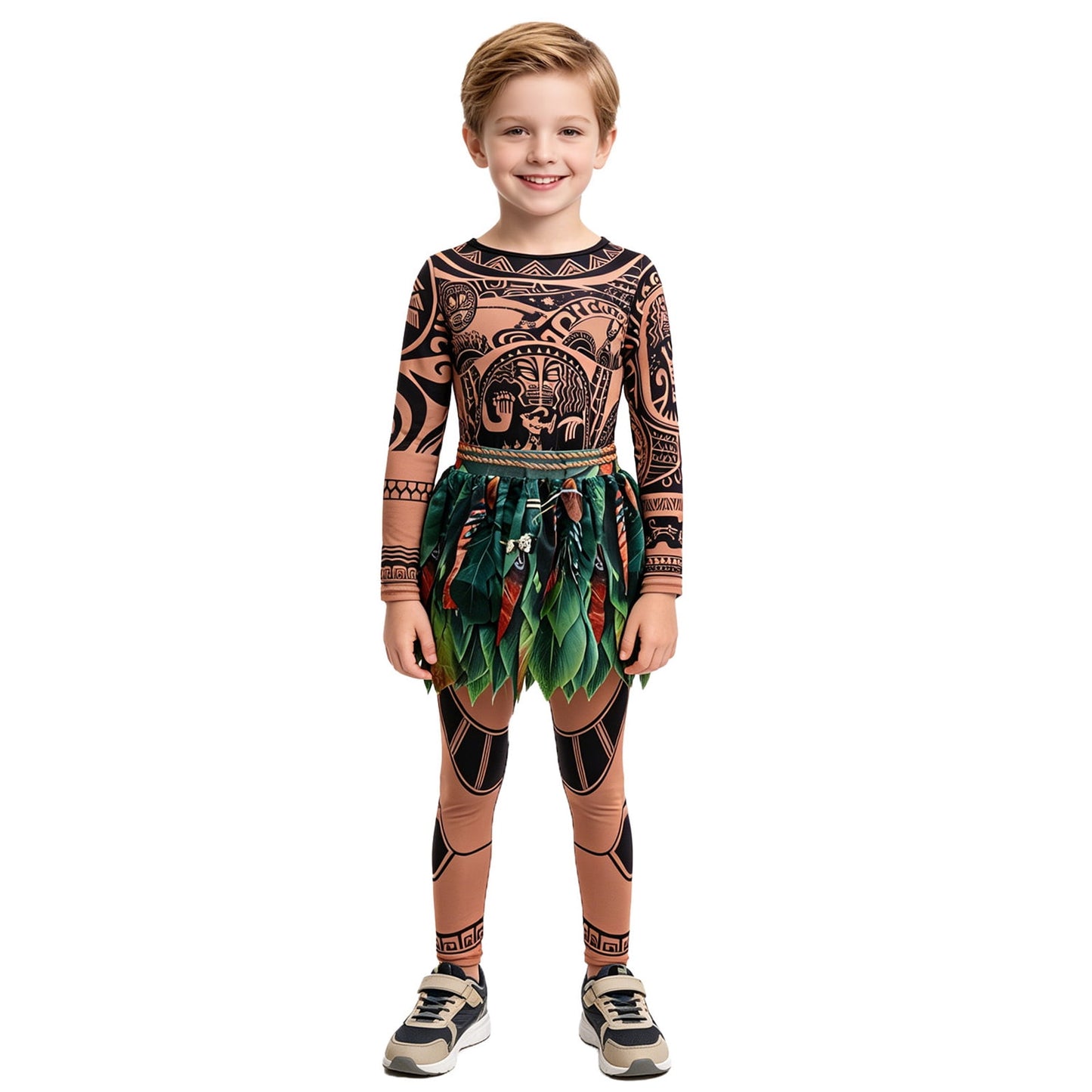 URSOFINE Ocean Adventure Role Play Costume,Island Warrior Halloween Costumes, Hawaiian Tattoo 3D Printed Apparel with Necklace & Wig