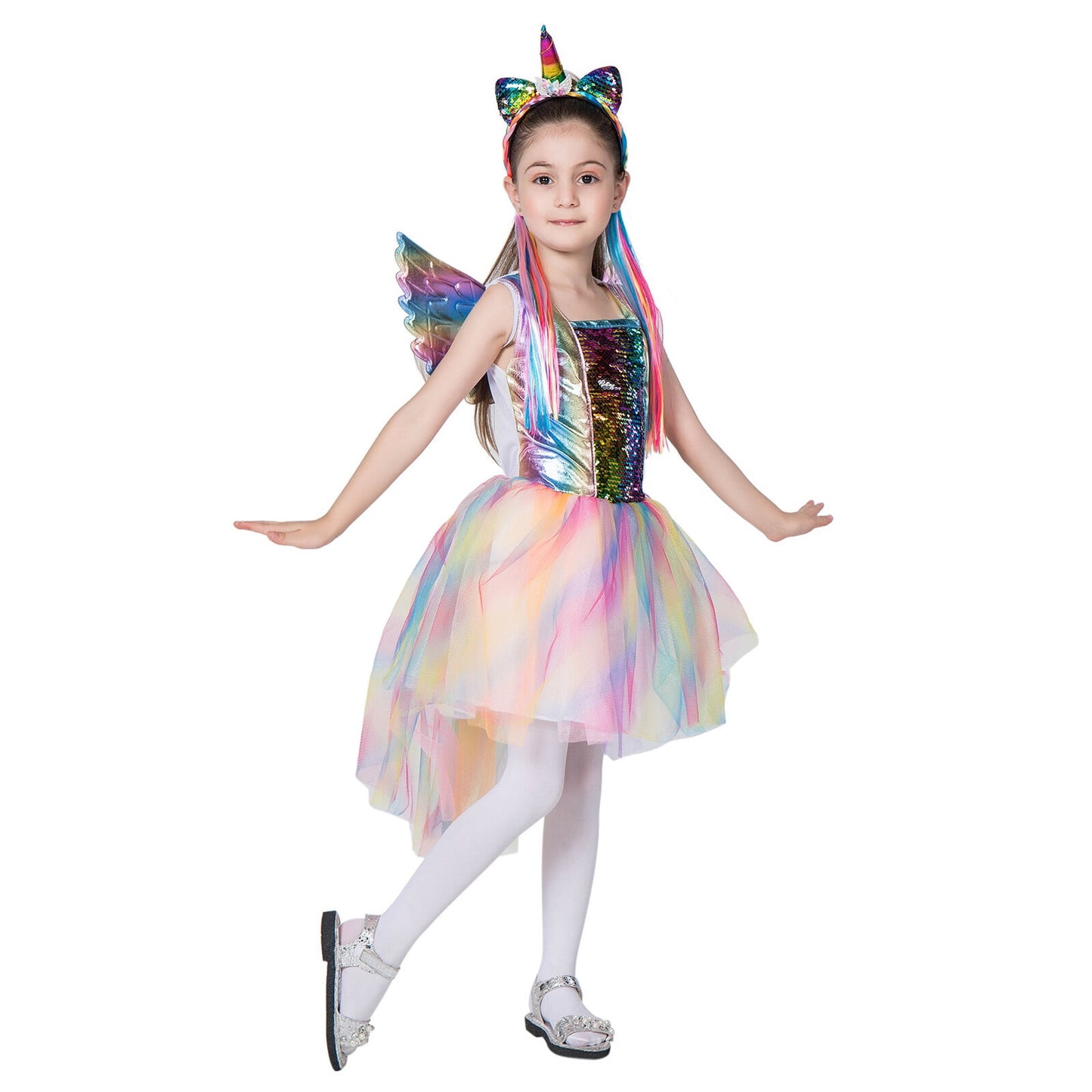 Girls Unicorn Costume Rainbow Dress with Wing Headband for Little Girls