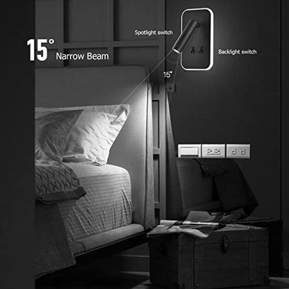 Kawell 2 in 1 8W Modern LED Wall Sconces Indoor LED Wall Light with Switch 350° Swivel 3W LED Reading Wall Spotlight LED Wall Lamp for Bedroom Bedside Living Room Study Room, Black 6000K