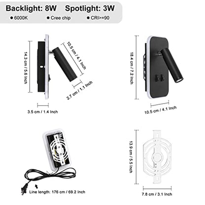 Kawell 2 in 1 8W Modern LED Wall Sconces Indoor LED Wall Light with Switch 350° Swivel 3W LED Reading Wall Spotlight LED Wall Lamp for Bedroom Bedside Living Room Study Room, Black 6000K