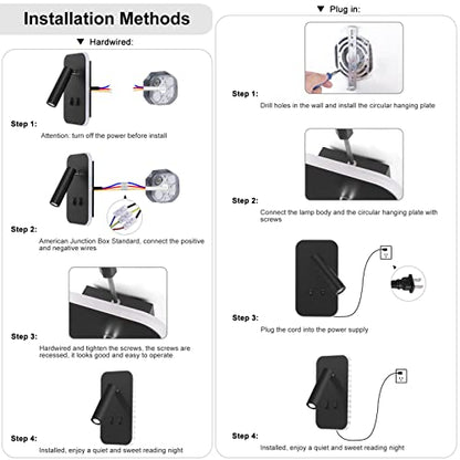 Kawell 2 in 1 8W Modern LED Wall Sconces Indoor LED Wall Light with Switch 350° Swivel 3W LED Reading Wall Spotlight LED Wall Lamp for Bedroom Bedside Living Room Study Room, Black 6000K