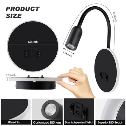 Kawell Modern LED Wall Sconce with Switch Swivel Bedside Reading Spotlight Hardwired 9W Plus 3W LED Wall Light with USB and Type-C Ports Indoor for Bedroom Study Living Room, Black