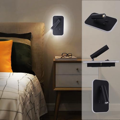 Kawell 2 in 1 8W Modern LED Wall Sconces Indoor LED Wall Light with Switch 350° Swivel 3W LED Reading Wall Spotlight LED Wall Lamp for Bedroom Bedside Living Room Study Room, Black 6000K