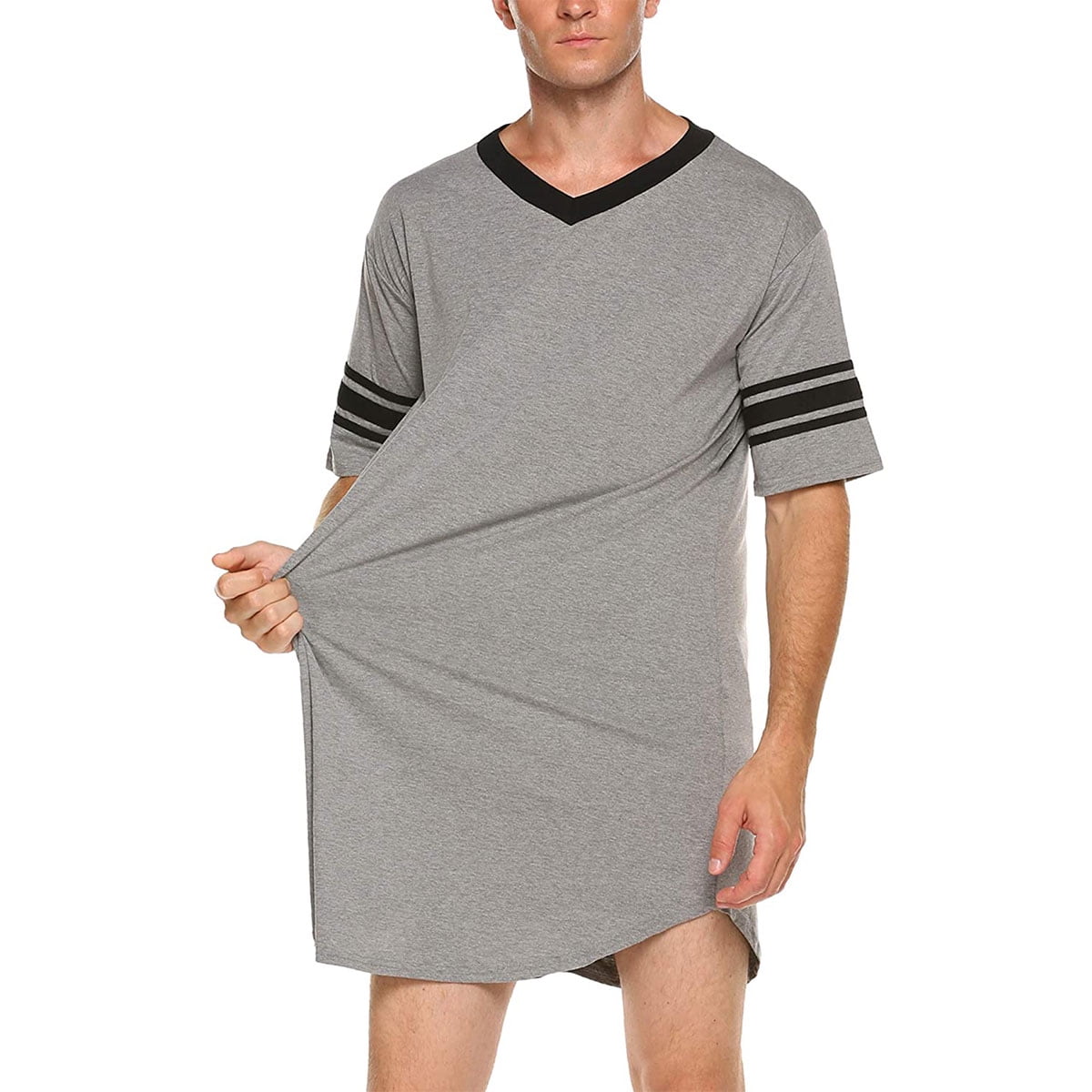KAWELL Men's Nightshirt, Cotton Nightwear Comfy Big&Tall V Neck Short Sleeve Soft Loose Pajama Sleep Shirt