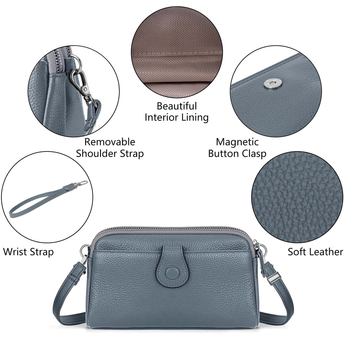 KAWELL Genuine Leather Wristlet Clutch Wallet Purses Small Crossbody Bags Shoulder Handbag for Women, Silver Zipper