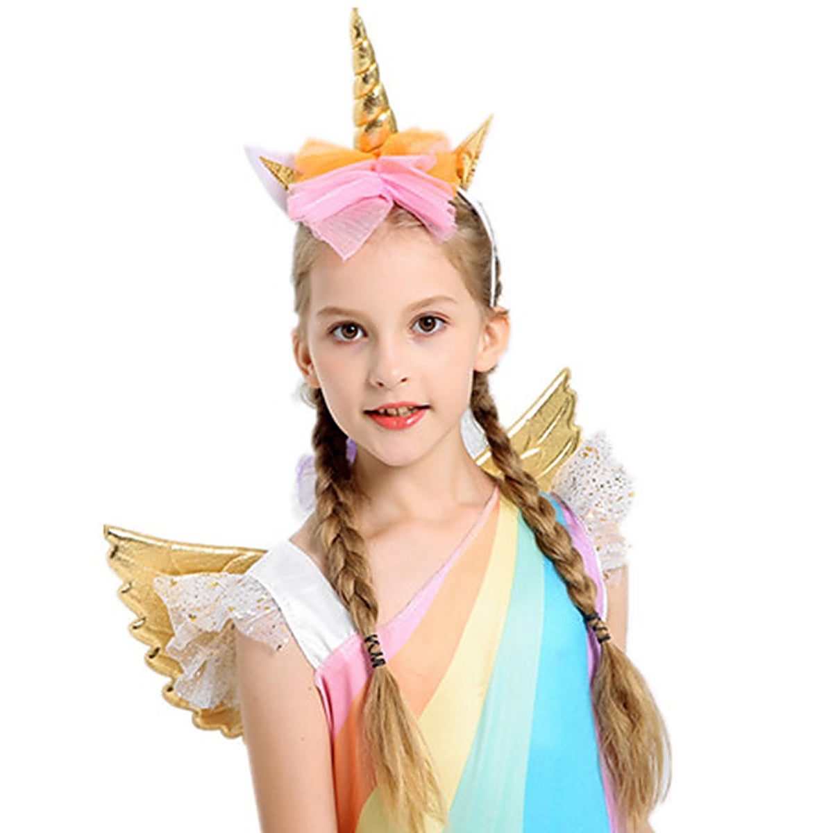 Girls Unicorn Costume Rainbow Dress with Wing Headband for Little Girls