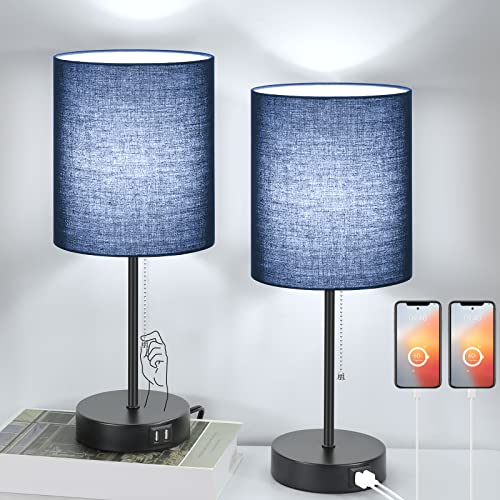 Set of 2 Bedside Table Lamps with USB Charging Port & AC Outlet