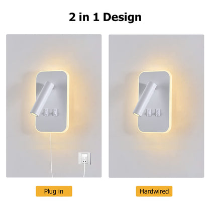 Kawell 2 in 1 8W Modern LED Wall Sconces Indoor LED Wall Light with Switch 350° Swivel 3W LED Reading Wall Spotlight LED Wall Lamp for Bedroom Bedside Living Room Study Room, White 3000K