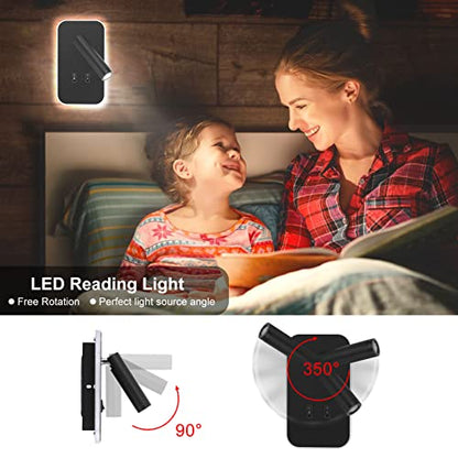 Kawell 2 in 1 8W Modern LED Wall Sconces Indoor LED Wall Light with Switch 350° Swivel 3W LED Reading Wall Spotlight LED Wall Lamp for Bedroom Bedside Living Room Study Room, Black 6000K